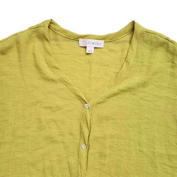 Timing Tie Front Crop Top Womens Large Yellow Rayon Blend Button Down Boho - Picture 2 of 9